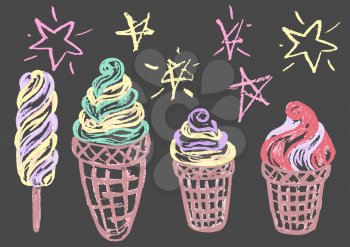 Cute childish drawing with colored chalk on a gray background. Pastel chalk or pencil funny doodle style vector. Set of summer cold sweets. Ice cream, popsicle, waffle