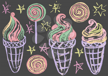 Cute childish drawing with colored chalk on a gray background. Pastel chalk or pencil funny doodle style vector. Set of summer cold sweets. Ice cream, popsicle, waffle, candy