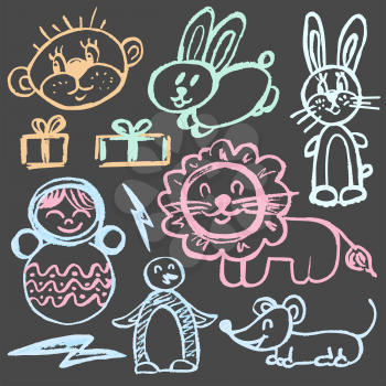 Cute childish drawing with colored chalk on a gray background. Pastel chalk or pencil funny doodle style vector. Zoo, lion, hare, penguin, rabbit, mouse