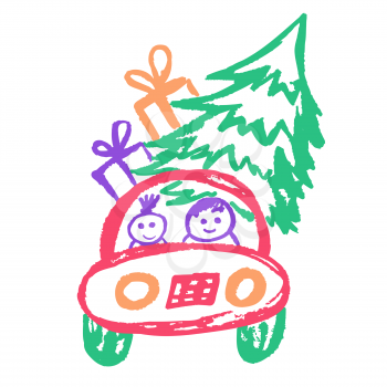 Cute childish drawing with wax crayons on a white background. Pastel chalk or pencil funny doodle style vector. Christmas car, family, Christmas tree, gifts