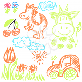 Cute childish drawing with wax crayons on a white background. Pastel chalk or pencil funny doodle style vector. Cow, dinosaur, flowers, tractor