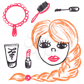Cute childish drawing with wax crayons on a white background. Pastel chalk or pencil funny doodle style vector. Female beauty and cosmetics, mirror, comb, mascara, lipstick