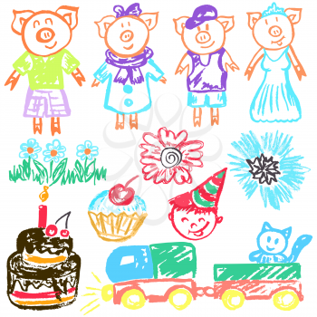 Cute childish drawing with wax crayons on a white background. Pastel chalk or pencil funny doodle style vector. Piggy girls and boys, train, cake, cupcake, flowers