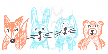 Cute childish drawing with wax crayons on a white background. Pastel chalk or pencil funny doodle style vector. Set of beautiful animals. Squirrel, hare, rabbit, bear