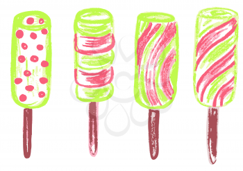 Cute childish drawing with wax crayons on a white background. Pastel chalk or pencil funny doodle style vector. Set of summer cold sweets. Ice cream, popsicle