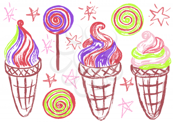 Cute childish drawing with wax crayons on a white background. Pastel chalk or pencil funny doodle style vector. Set of summer cold sweets. Ice cream, popsicle, waffle, candy