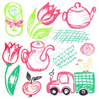Cute childish drawing with wax crayons on a white background. Pastel chalk or pencil funny doodle style vector. Tulips, baby, teapot, truck