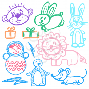 Cute childish drawing with wax crayons on a white background. Pastel chalk or pencil funny doodle style vector. Zoo, lion, hare, penguin, rabbit, mouse