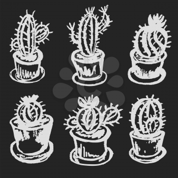 Cute childish drawing with white chalk on blackboard. Pastel chalk or pencil funny doodle style vector. Cactus blooming flowerpots