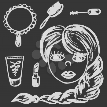 Cute childish drawing with white chalk on blackboard. Pastel chalk or pencil funny doodle style vector. Female beauty and cosmetics, mirror, comb, mascara, lipstick