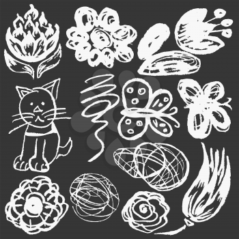 Cute childish drawing with white chalk on blackboard. Pastel chalk or pencil funny doodle style vector. Flowers, scribbles, cat, butterflies