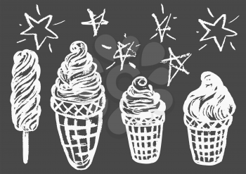 Cute childish drawing with white chalk on blackboard. Pastel chalk or pencil funny doodle style vector. Set of summer cold sweets. Ice cream, popsicle, waffle