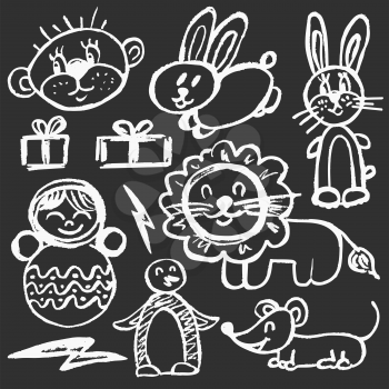 Cute childish drawing with white chalk on blackboard. Pastel chalk or pencil funny doodle style vector