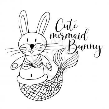 Cute postcard in hand draw style. Liner illustration. Picture on the marine theme. Cute bunny mermaid