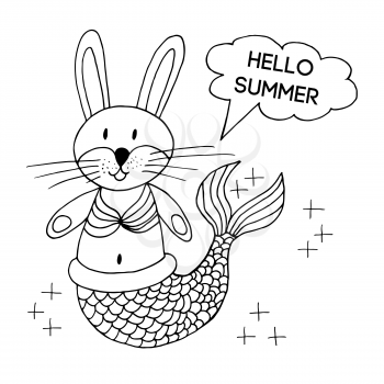 Cute postcard in hand draw style. Liner illustration. Picture on the marine theme. Cute bunny mermaid. Hello summer