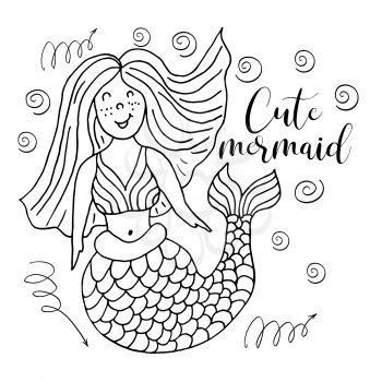 Cute postcard in hand draw style. Liner illustration. Picture on the marine theme. Cute mermaid