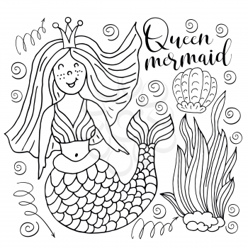 Cute postcard in hand draw style. Liner illustration. Picture on the marine theme. Mermaid queen