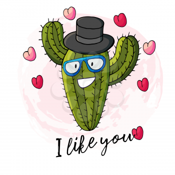 Cute vector illustration. Cartoon cactus. Stylish cactus in a hat and glasses. Hearts, love. I like you