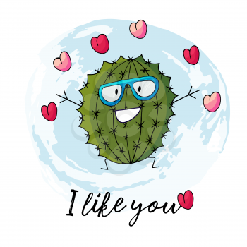 Cute vector illustration. Cartoon cactus. Stylish cactus with glasses. Hearts, love. I like you