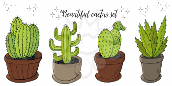 Cute vector illustration. Set of cartoon images of cacti in flower pots. Cacti, aloe, succulents. Creative collection. Decorative natural elements are isolated on white