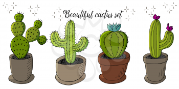 Cute vector illustration. Set of cartoon images of cacti in flower pots. Cacti, aloe, succulents in a creative collection. Print pin. Decorative natural elements are isolated on white