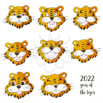 Faces of tigers. Symbol of 2022. Set of tigers in hand draw style. New Year 2022. Collection of vector illustrations