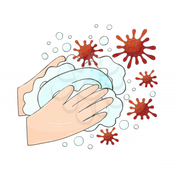 Hands with soapy foam. Soap kills coronavirus. Vector illustration hand drawing design on white background. Coronavirus protection