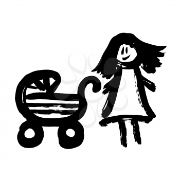 Hand drawing paint, brush drawing. Isolated on a white background. Doodle grunge style icon. Decorative element. Outline, line icon, cartoon illustration. Mom with a stroller icon