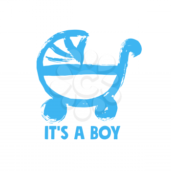 Hand drawing paint, brush drawing. Isolated on a white background. Doodle grunge style icon. Outline, line icon, cartoon illustration. Blue pram icon. It's a boy