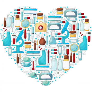 Heart Collection of vector illustrations. Laboratory assistant doctor tools set in hand draw style. Analysis tools, virus search. Doctor's case, microscope, tools