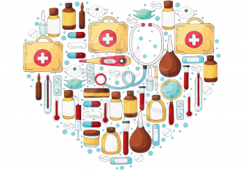 Heart Collection of vector illustrations. Set of doctor's tools in hand draw style. Ambulance doctor tools, medical case, medications, stethoscope, masks