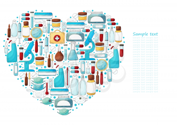 Heart Collection of vector illustrations, text. Laboratory assistant doctor tools set in hand draw style. Analysis tools, virus search. Doctor's case, microscope
