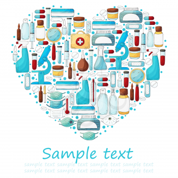 Heart Collection of vector illustrations, text. Laboratory doctor tools set in hand draw style. Analysis tools, virus search. Doctor's case, microscope