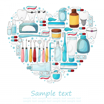 Heart collection of vector illustrations, text. Set of elements for the care of the oral cavity in hand draw style. Teeth cleaning, dental health, dental instruments