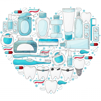 Heart set of design elements. Set of elements for the care of the oral cavity in hand draw style. Teeth cleaning, dental health. Teeth, floss, brush, paste