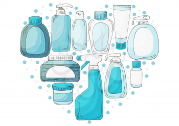 Heart vector set of elements. Set of bathroom elements in hand draw style. Collection of cans, packages. Antiseptic, toothpaste, gel, soap, cream, rinse