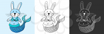 Icon set. Bunny mermaid. Marine theme icon in hand draw style. Cute childish illustration of sea life. Icon, badge, sticker, print for clothes