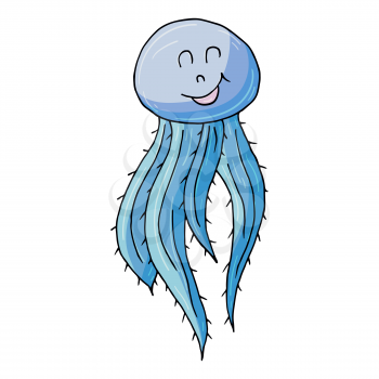 Jellyfish. Marine theme icon in hand draw style. Cute childish illustration of sea life. Icon, badge, sticker, print for clothes