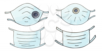 Masks in hand draw style. Set of vector illustrations. Collection of medical masks, respirators, virus protection