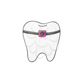 Medical icon. Vector illustration in hand draw style. Image isolated on white background. Medical instrument. Sore tooth. Pink braces