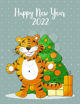 New year 2022. Symbol of 2022. New Year card in hand draw style. Christmas tree, gifts, tiger. Cartoon illustration for postcards, calendars, posters, flyers