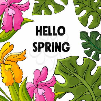 Orchids and monstera leaves. Tropical plants. Greeting card. Hello spring