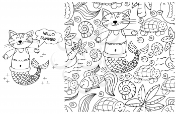 Outline Set of element and seamless pattern. ideal for children's clothing. Mermaid cat and background with seashells and marine elements. Hello