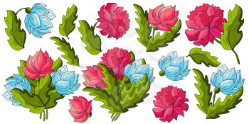 Peonies. Big set of bouquets, inflorescences, leaves and flowers as separate elements. Blue and red peonies in hand drawing style. Vector flowers for cards, flyers, invitations