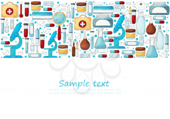 Rectangular flyer, banner. Laboratory assistant doctor tools set in hand draw style. Analysis tools, virus search. Doctor's case, microscope