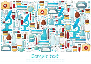 Rectangular flyer, banner. Laboratory assistant doctor tools set in hand draw style. Analysis tools, virus search. Doctor's case, microscope, tools