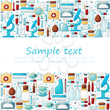 Rectangular frame, text. Laboratory assistant doctor tools set in hand draw style. Analysis tools, virus search. Doctor's case, microscope, tools