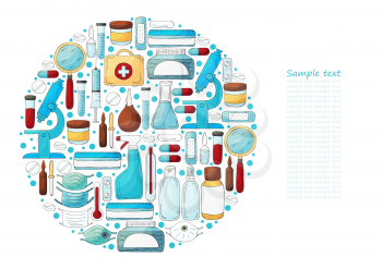 Round collection of vector illustrations, text. Laboratory assistant doctor tools set in hand draw style. Analysis tools, virus search. Doctor's case, microscope