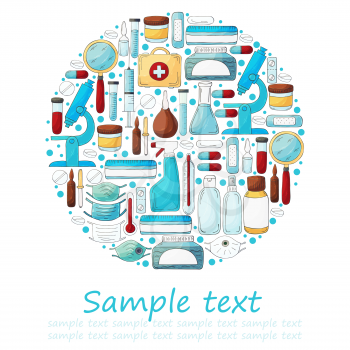 Round collection of vector illustrations, text. Laboratory doctor tools set in hand draw style. Analysis tools, virus search. Doctor's case, microscope, tools