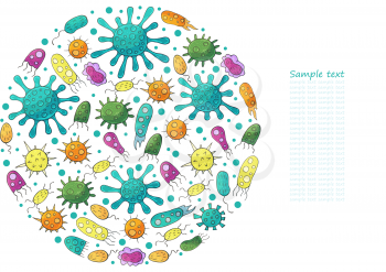 Round vector set of design elements, text. Set of cartoon microbes in hand draw style. Coronavirus, viruses, bacteria, microorganisms